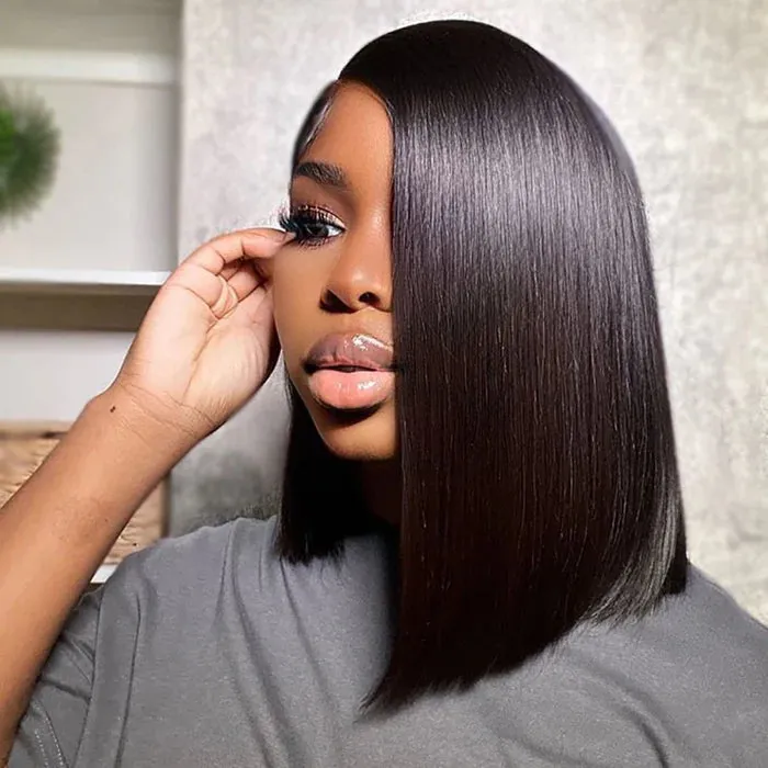 12 inches Asymmetrical Blunt Bob 13"x4" Transparent Frontal Lace Wig Straight Human Virgin Hair