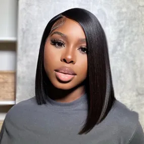 12 inches Asymmetrical Blunt Bob 13"x4" Transparent Frontal Lace Wig Straight Human Virgin Hair