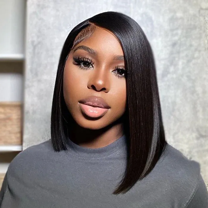 12 inches Asymmetrical Blunt Bob 13"x4" Transparent Frontal Lace Wig Straight Human Virgin Hair