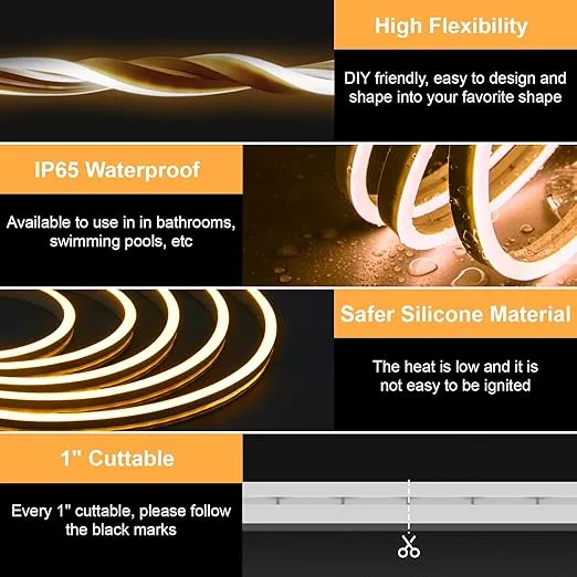 120 LED Flexible Neon Strip Light In UK - 12V Warm White, IP65 Waterproof, Flexible, Cuttable, Energy Efficient, LED Dimmable Neon Rope Lights for Bedroom, Kitchen, DIY Decoration