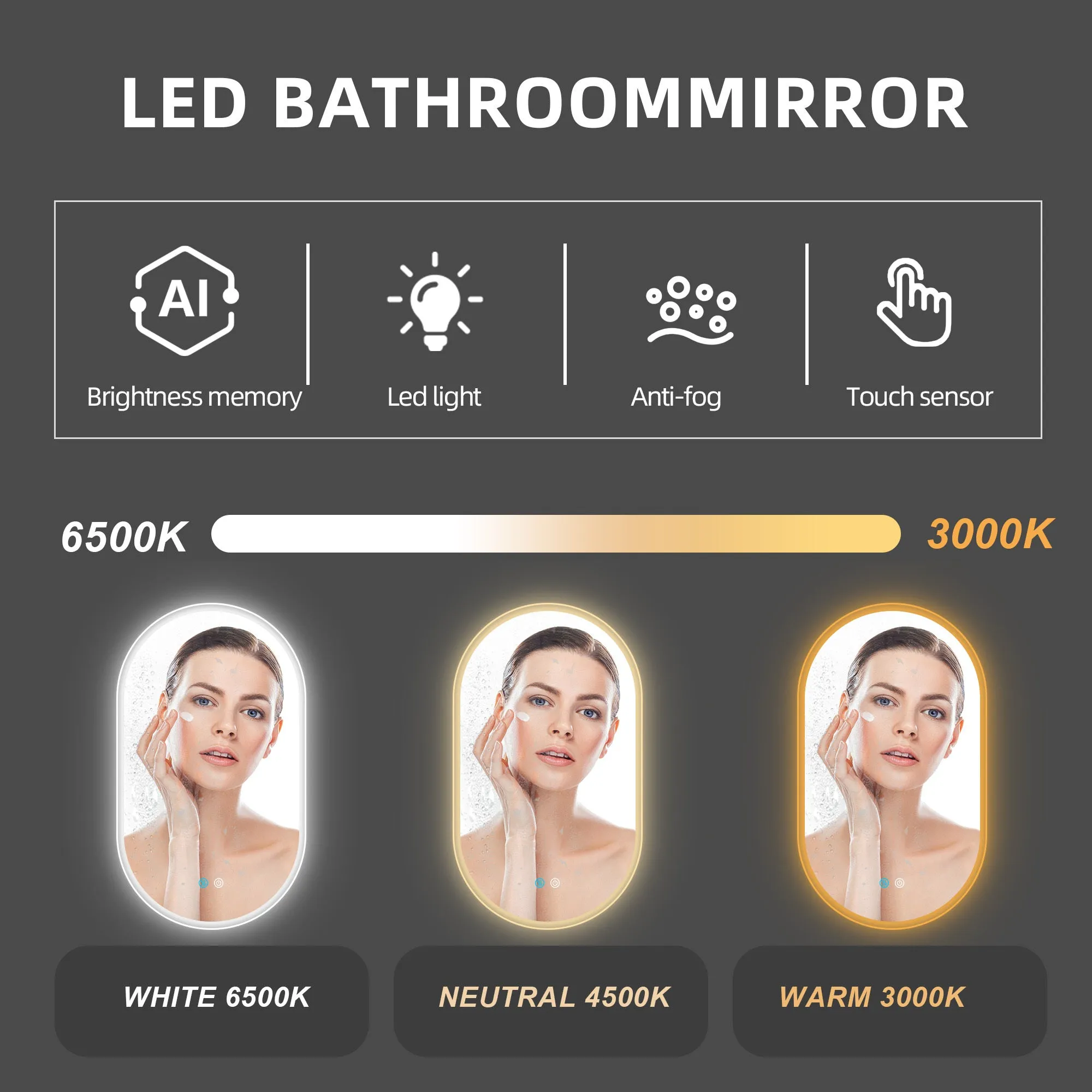 26X18 Inch Three-color Smart Bathroom Mirror with Light, Frameless Oval Smart Vanity Mirror Hanging Vertically