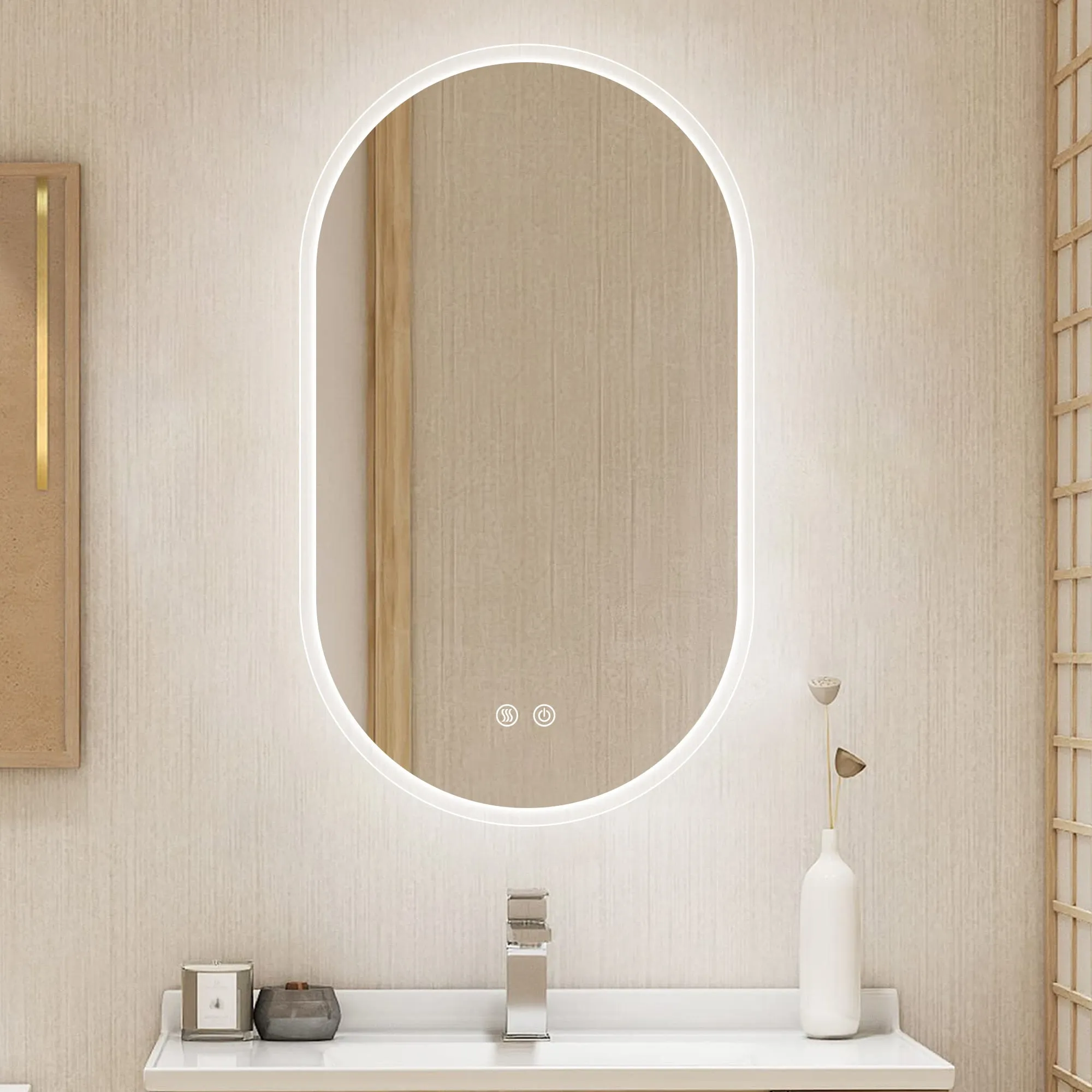 26X18 Inch Three-color Smart Bathroom Mirror with Light, Frameless Oval Smart Vanity Mirror Hanging Vertically
