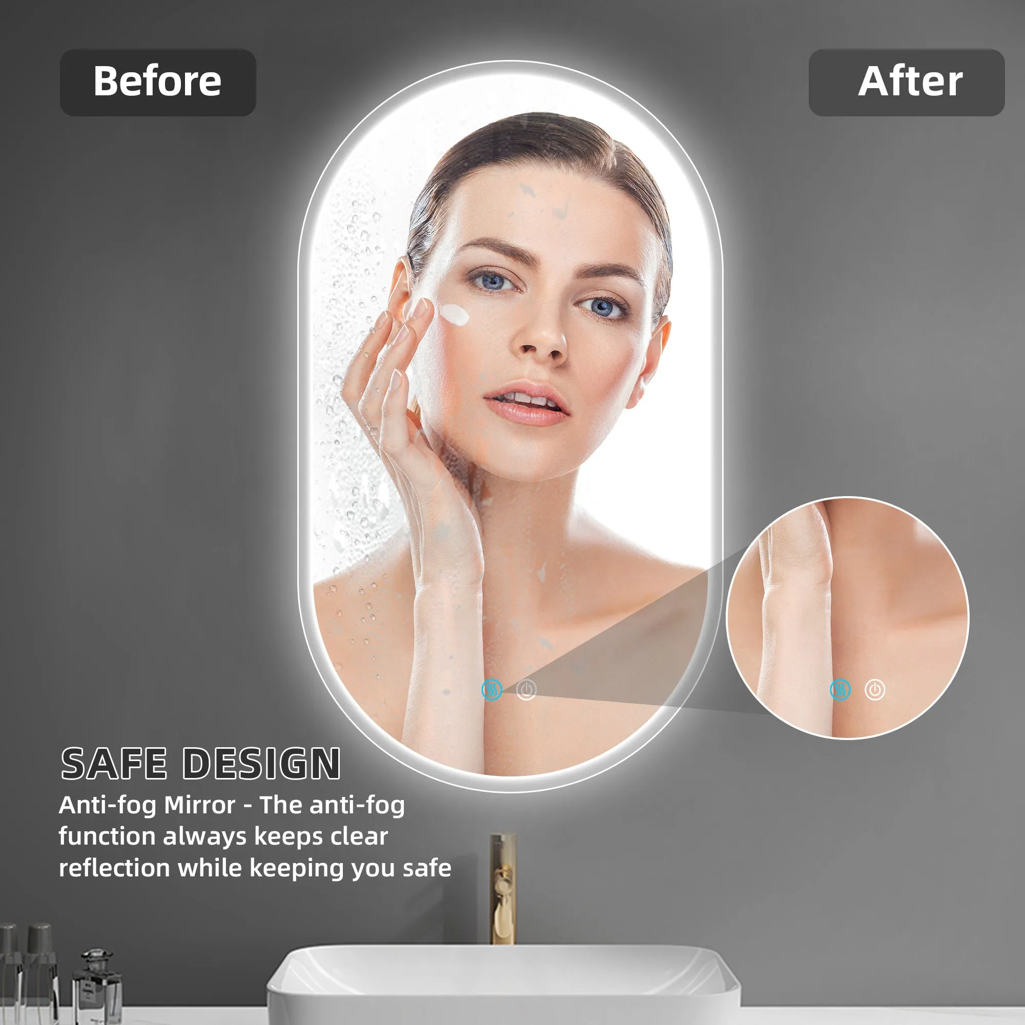 26X18 Inch Three-color Smart Bathroom Mirror with Light, Frameless Oval Smart Vanity Mirror Hanging Vertically