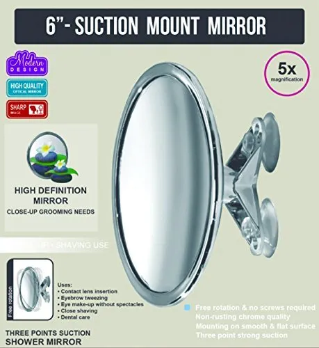 6" Suction Mount Mirror - 5X Magnifying Vanity Makeup Mirror with 3-Point Super Suction, Pivoting, Rotating and Locking Suction