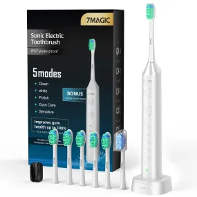 7MAGIC Electric Toothbrush, Fast Charging Last 60 Days, Sonic Toothbrush with 3 Intensity Levels & 5 Modes, 2-Min Smart Timer, White