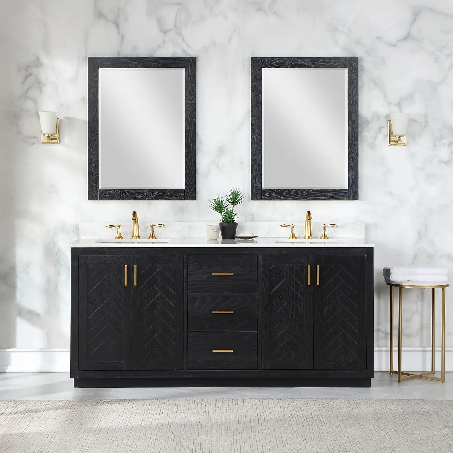 Altair Designs Gazsi 72" Double Bathroom Vanity Set with Grain White Composite Stone Countertop - 543072-BN-GW-NM