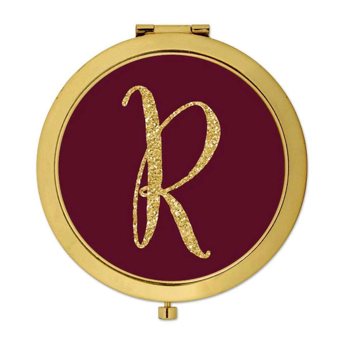 Andaz Press Burgundy Maroon Jewel Tone with Faux Gold Glitter Monogram 2.75 inch Round Gold Compact Mirror