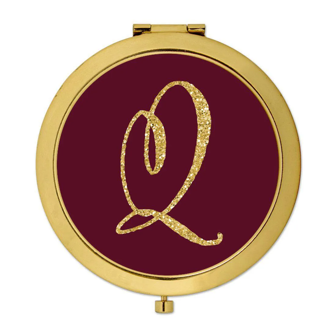 Andaz Press Burgundy Maroon Jewel Tone with Faux Gold Glitter Monogram 2.75 inch Round Gold Compact Mirror