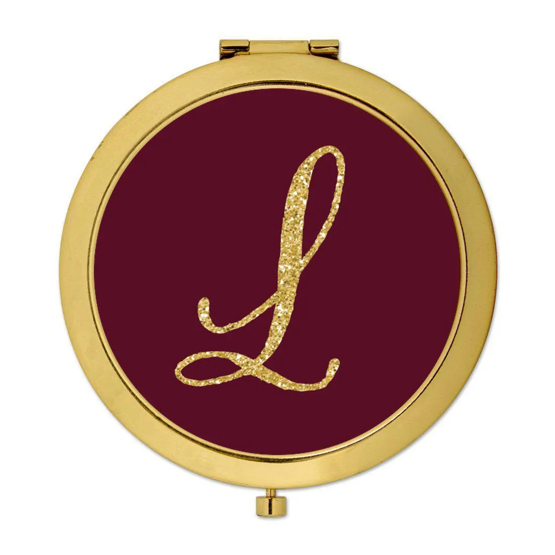 Andaz Press Burgundy Maroon Jewel Tone with Faux Gold Glitter Monogram 2.75 inch Round Gold Compact Mirror
