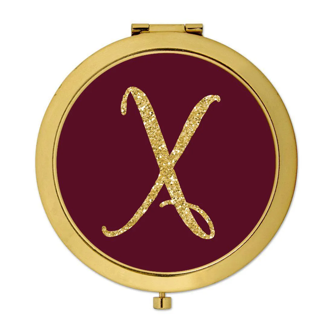 Andaz Press Burgundy Maroon Jewel Tone with Faux Gold Glitter Monogram 2.75 inch Round Gold Compact Mirror