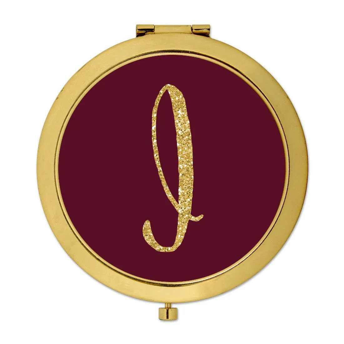 Andaz Press Burgundy Maroon Jewel Tone with Faux Gold Glitter Monogram 2.75 inch Round Gold Compact Mirror