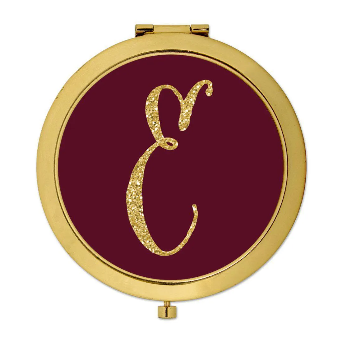 Andaz Press Burgundy Maroon Jewel Tone with Faux Gold Glitter Monogram 2.75 inch Round Gold Compact Mirror