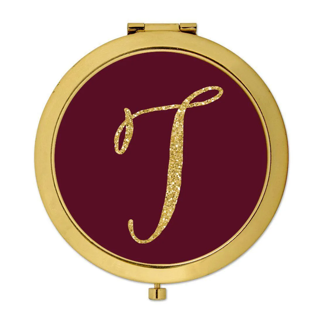 Andaz Press Burgundy Maroon Jewel Tone with Faux Gold Glitter Monogram 2.75 inch Round Gold Compact Mirror