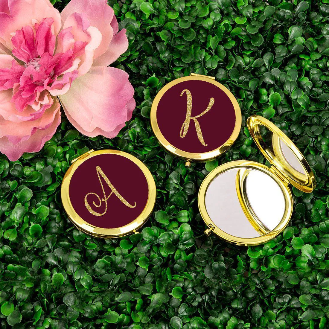 Andaz Press Burgundy Maroon Jewel Tone with Faux Gold Glitter Monogram 2.75 inch Round Gold Compact Mirror