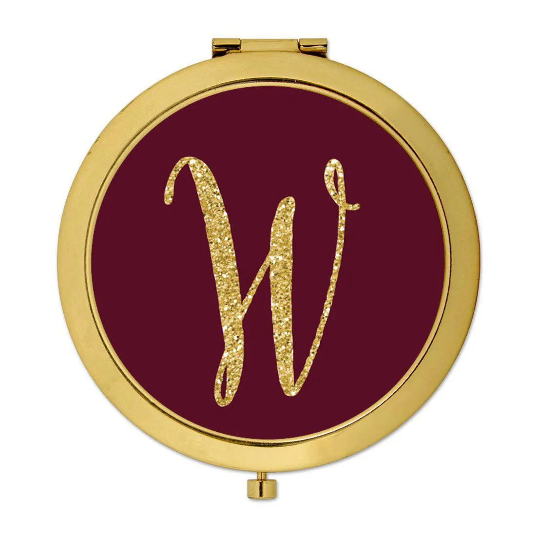 Andaz Press Burgundy Maroon Jewel Tone with Faux Gold Glitter Monogram 2.75 inch Round Gold Compact Mirror