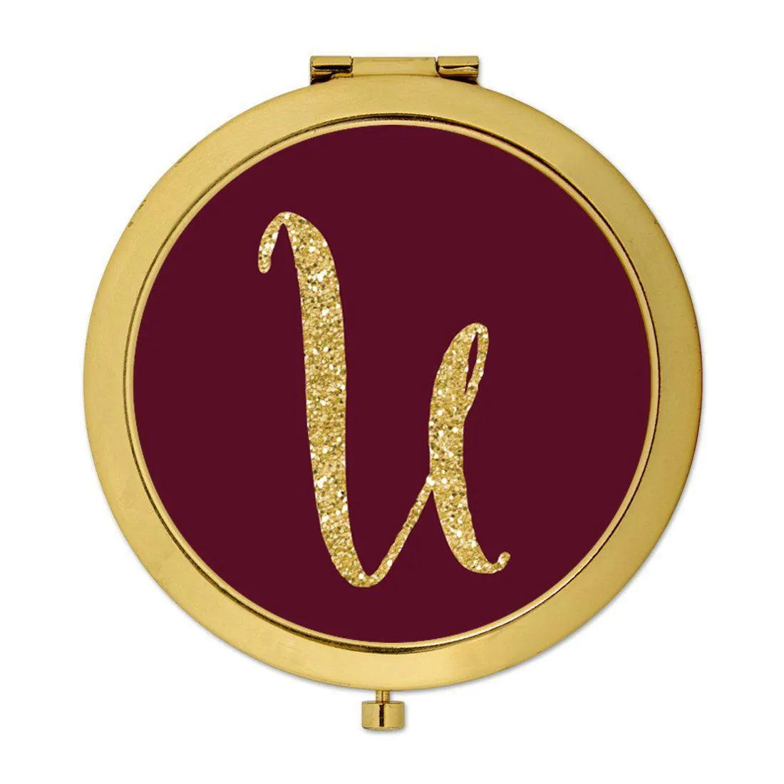 Andaz Press Burgundy Maroon Jewel Tone with Faux Gold Glitter Monogram 2.75 inch Round Gold Compact Mirror