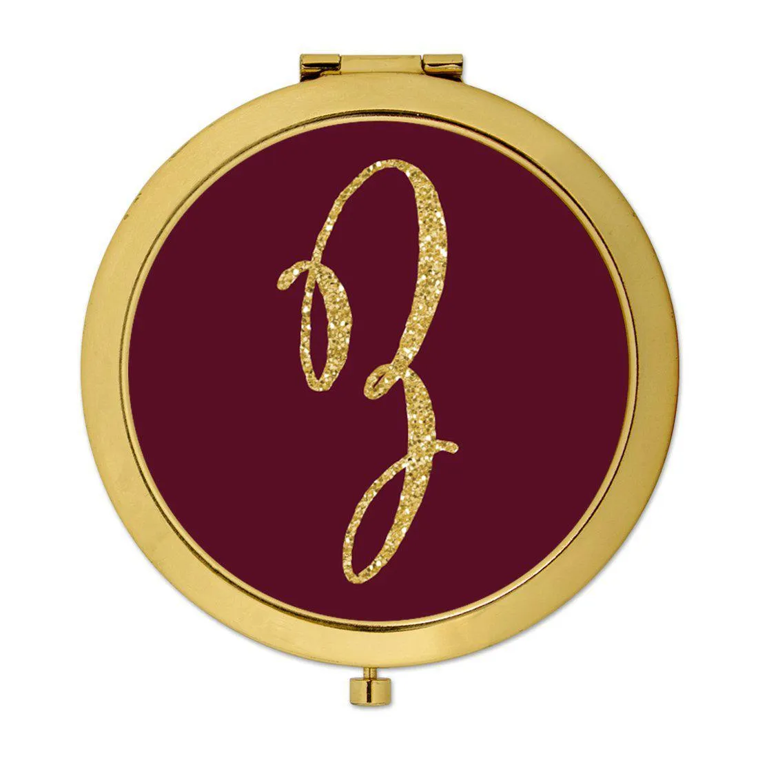 Andaz Press Burgundy Maroon Jewel Tone with Faux Gold Glitter Monogram 2.75 inch Round Gold Compact Mirror