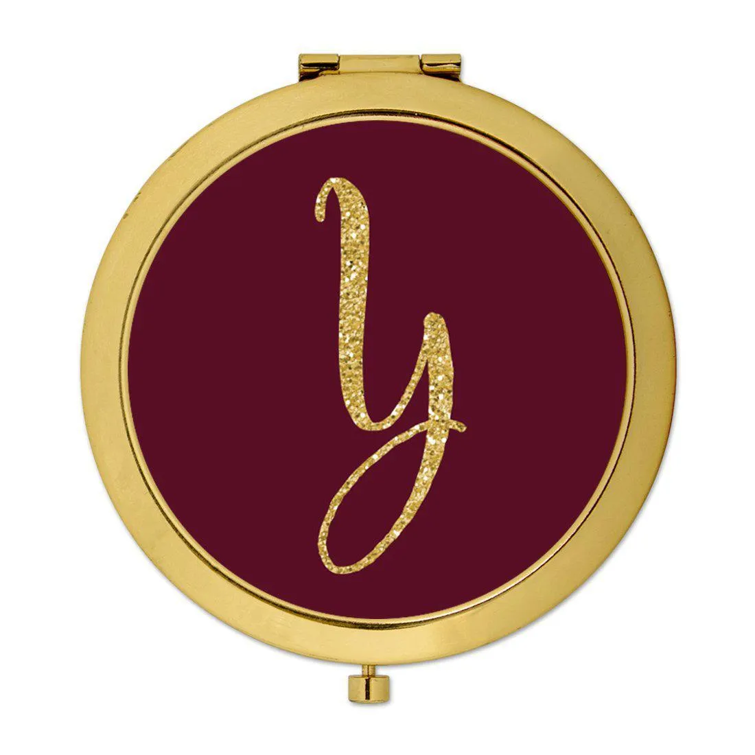 Andaz Press Burgundy Maroon Jewel Tone with Faux Gold Glitter Monogram 2.75 inch Round Gold Compact Mirror