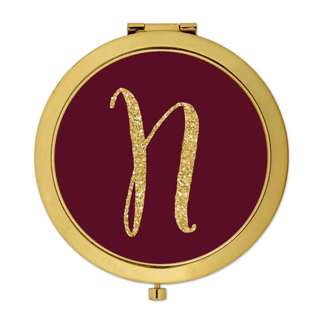 Andaz Press Burgundy Maroon Jewel Tone with Faux Gold Glitter Monogram 2.75 inch Round Gold Compact Mirror