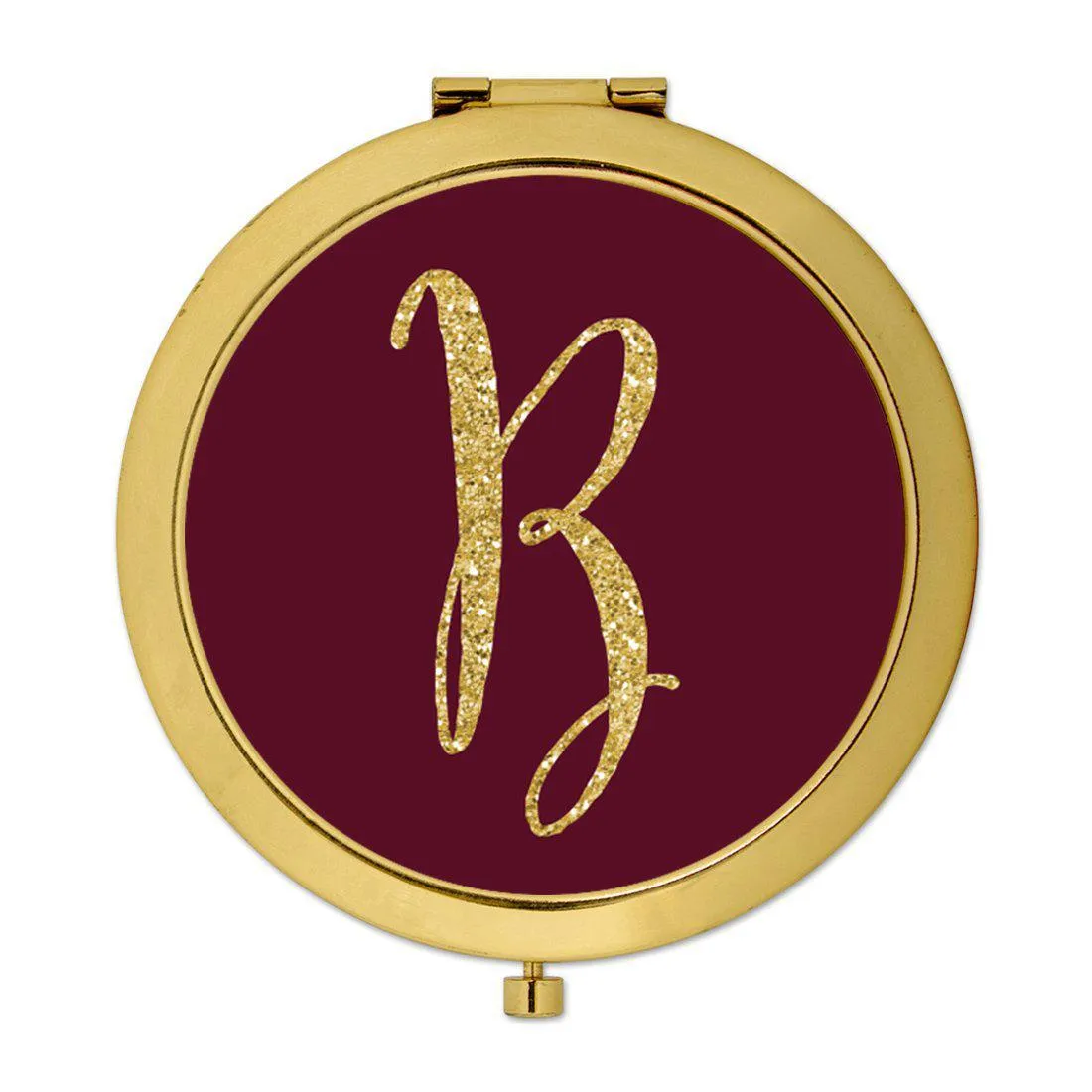 Andaz Press Burgundy Maroon Jewel Tone with Faux Gold Glitter Monogram 2.75 inch Round Gold Compact Mirror