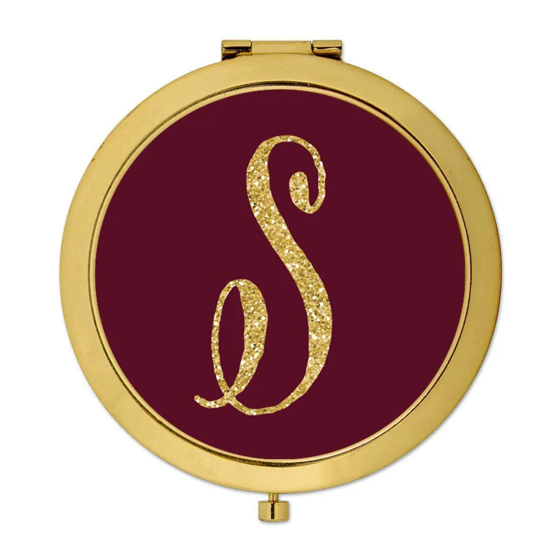 Andaz Press Burgundy Maroon Jewel Tone with Faux Gold Glitter Monogram 2.75 inch Round Gold Compact Mirror