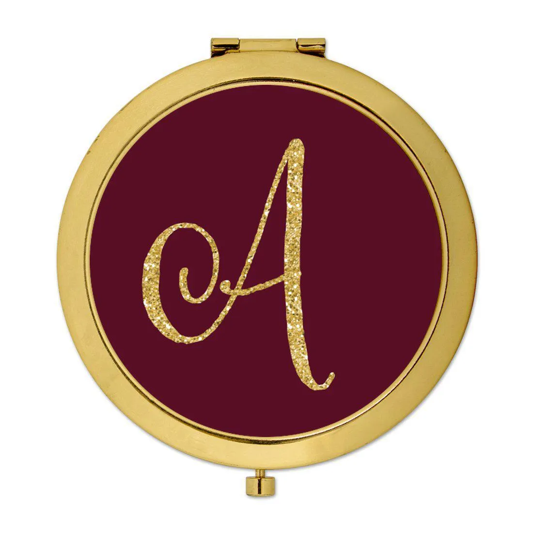 Andaz Press Burgundy Maroon Jewel Tone with Faux Gold Glitter Monogram 2.75 inch Round Gold Compact Mirror