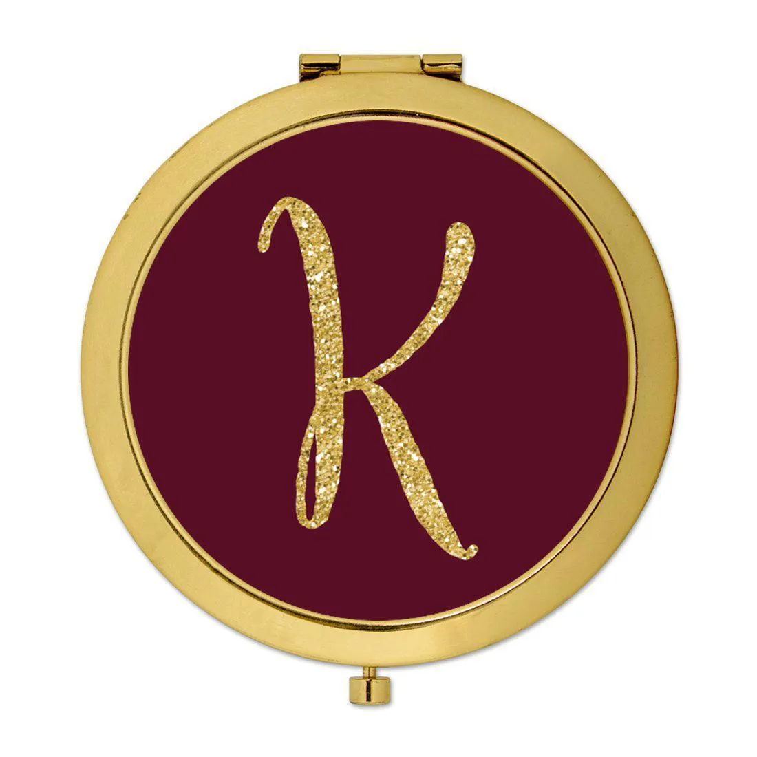 Andaz Press Burgundy Maroon Jewel Tone with Faux Gold Glitter Monogram 2.75 inch Round Gold Compact Mirror