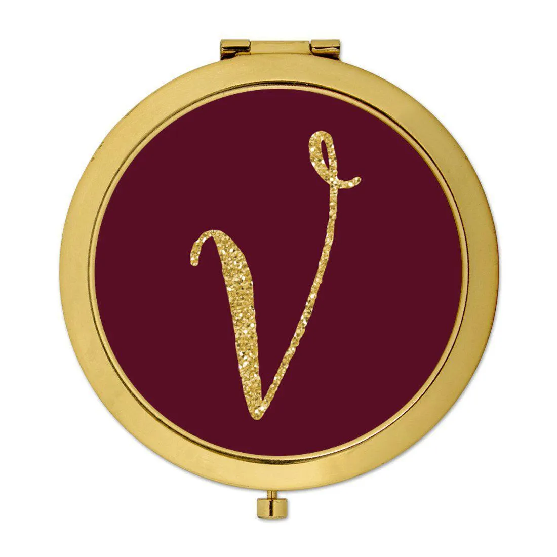 Andaz Press Burgundy Maroon Jewel Tone with Faux Gold Glitter Monogram 2.75 inch Round Gold Compact Mirror