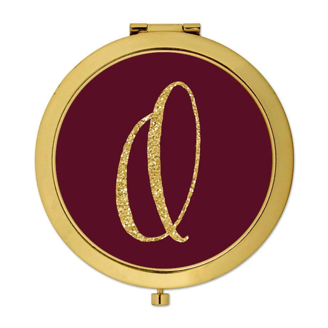 Andaz Press Burgundy Maroon Jewel Tone with Faux Gold Glitter Monogram 2.75 inch Round Gold Compact Mirror