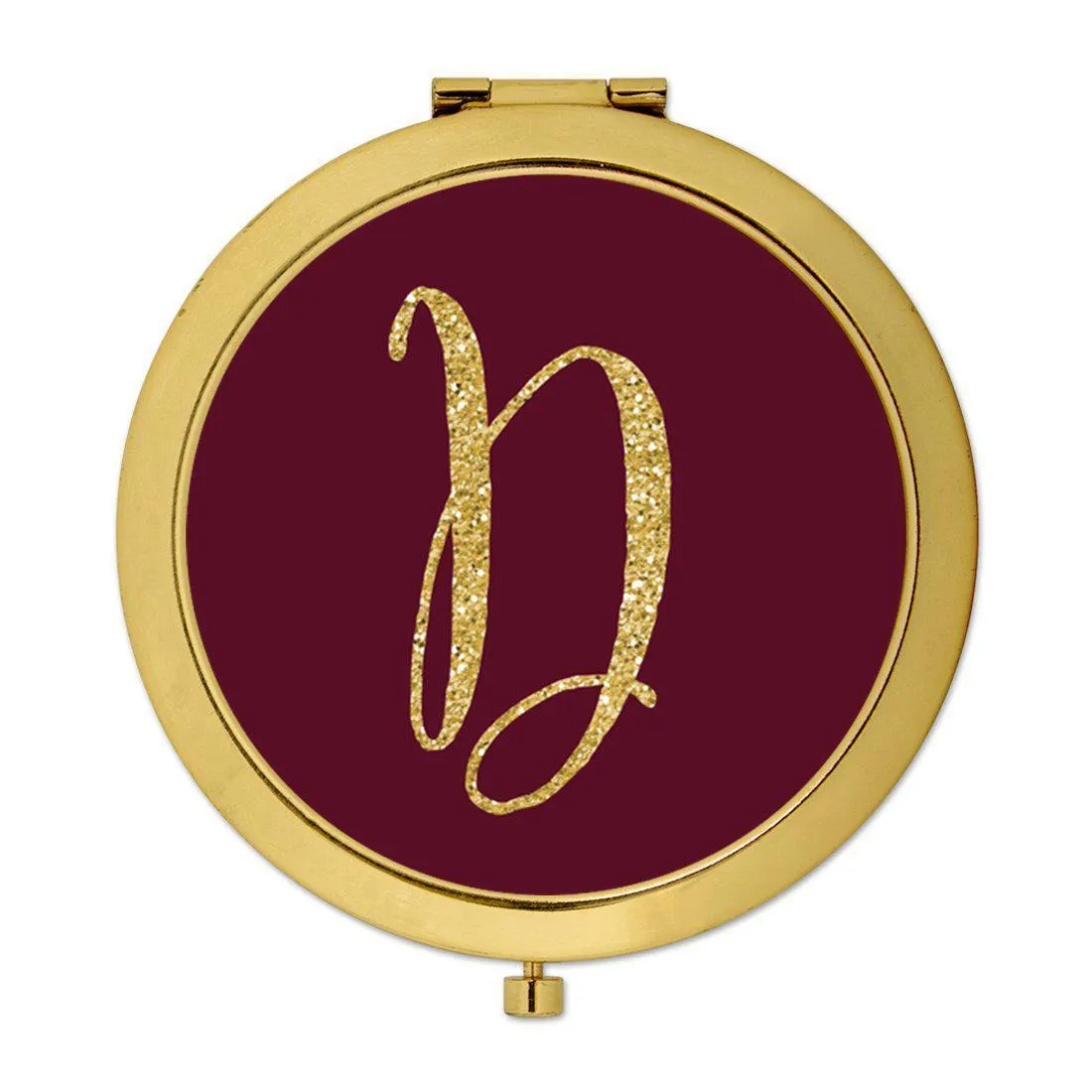 Andaz Press Burgundy Maroon Jewel Tone with Faux Gold Glitter Monogram 2.75 inch Round Gold Compact Mirror
