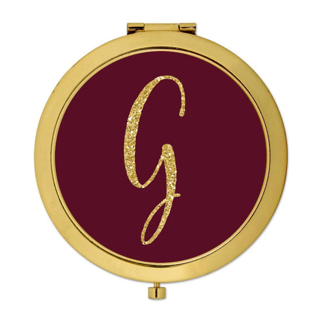 Andaz Press Burgundy Maroon Jewel Tone with Faux Gold Glitter Monogram 2.75 inch Round Gold Compact Mirror