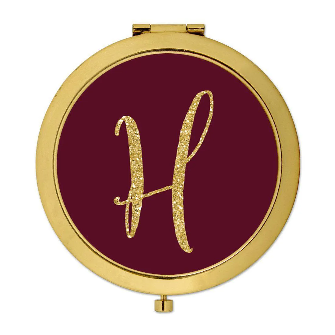 Andaz Press Burgundy Maroon Jewel Tone with Faux Gold Glitter Monogram 2.75 inch Round Gold Compact Mirror
