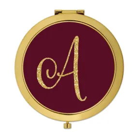 Andaz Press Burgundy Maroon Jewel Tone with Faux Gold Glitter Monogram 2.75 inch Round Gold Compact Mirror