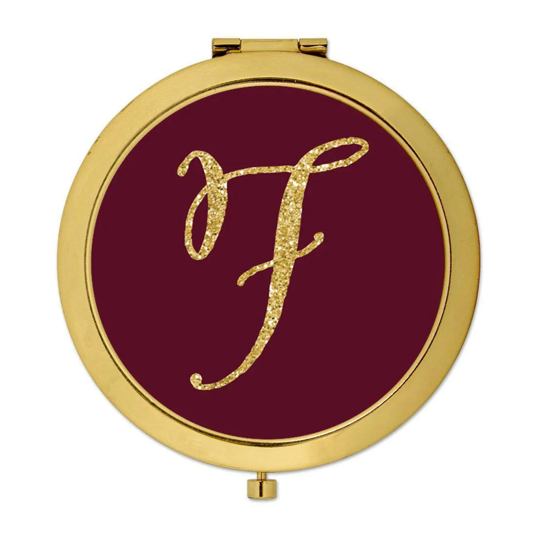Andaz Press Burgundy Maroon Jewel Tone with Faux Gold Glitter Monogram 2.75 inch Round Gold Compact Mirror