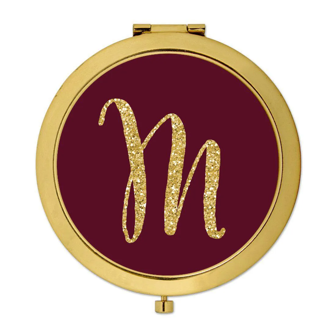 Andaz Press Burgundy Maroon Jewel Tone with Faux Gold Glitter Monogram 2.75 inch Round Gold Compact Mirror