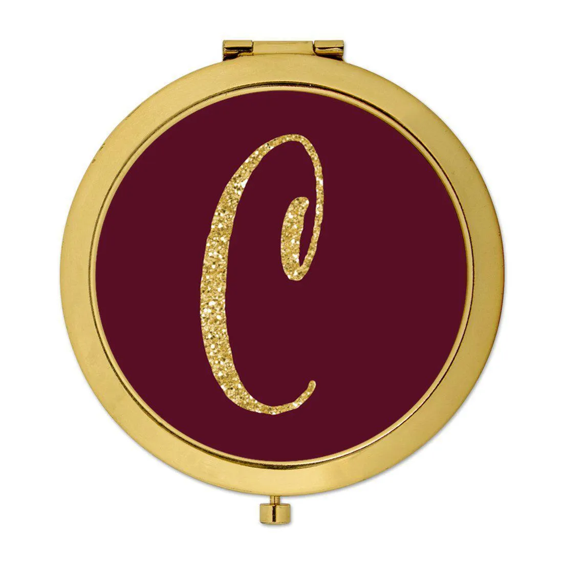Andaz Press Burgundy Maroon Jewel Tone with Faux Gold Glitter Monogram 2.75 inch Round Gold Compact Mirror