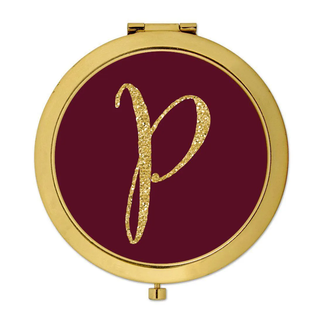 Andaz Press Burgundy Maroon Jewel Tone with Faux Gold Glitter Monogram 2.75 inch Round Gold Compact Mirror