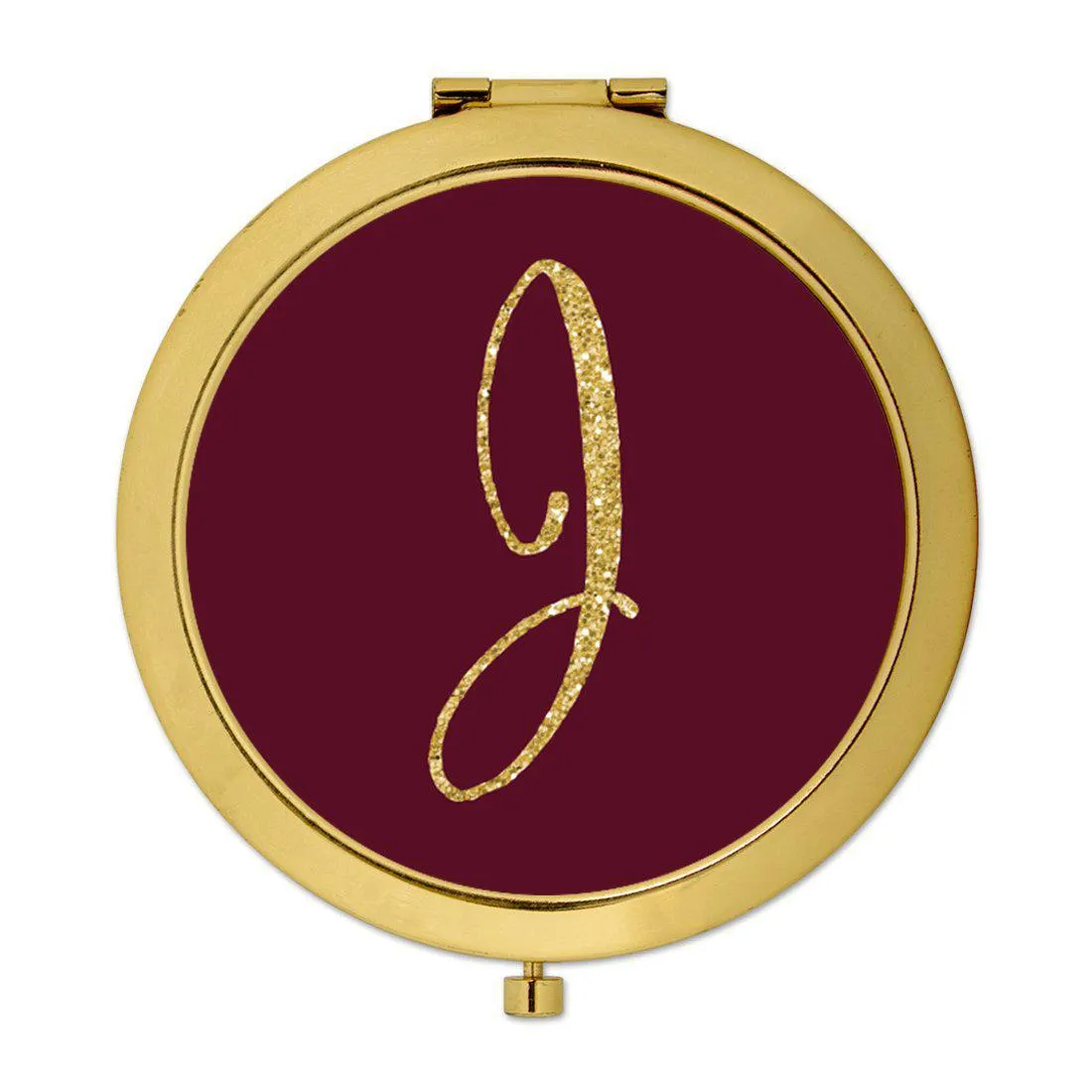 Andaz Press Burgundy Maroon Jewel Tone with Faux Gold Glitter Monogram 2.75 inch Round Gold Compact Mirror