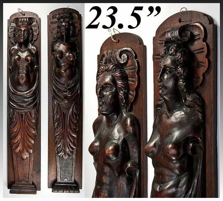 Antique French Carved Wood Caryatid Figures, 23.5" tall, Cabinet Fragment Accent