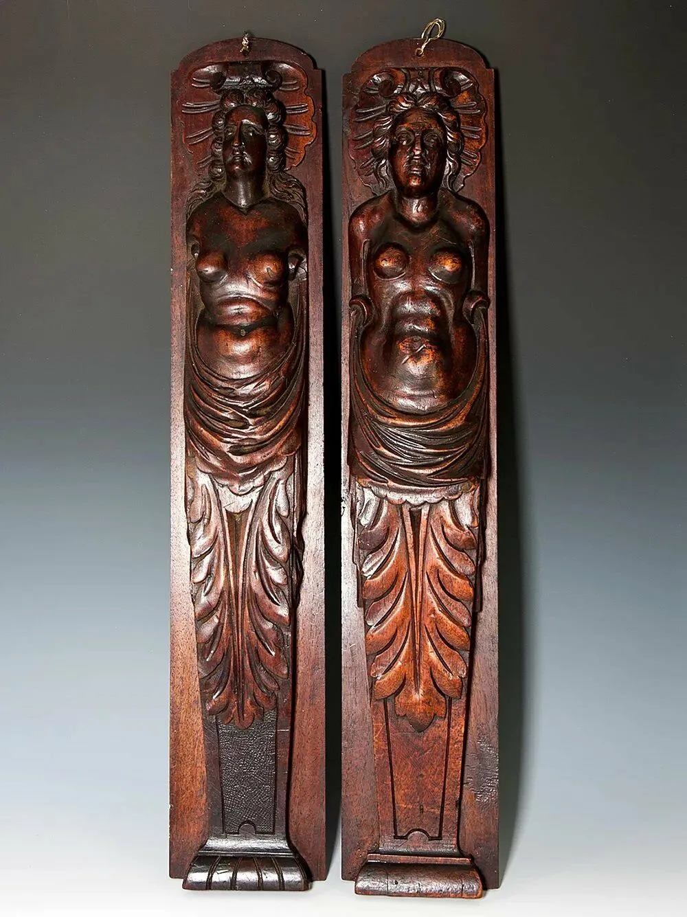 Antique French Carved Wood Caryatid Figures, 23.5" tall, Cabinet Fragment Accent