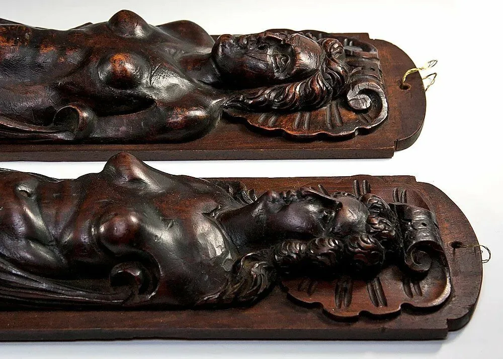 Antique French Carved Wood Caryatid Figures, 23.5" tall, Cabinet Fragment Accent