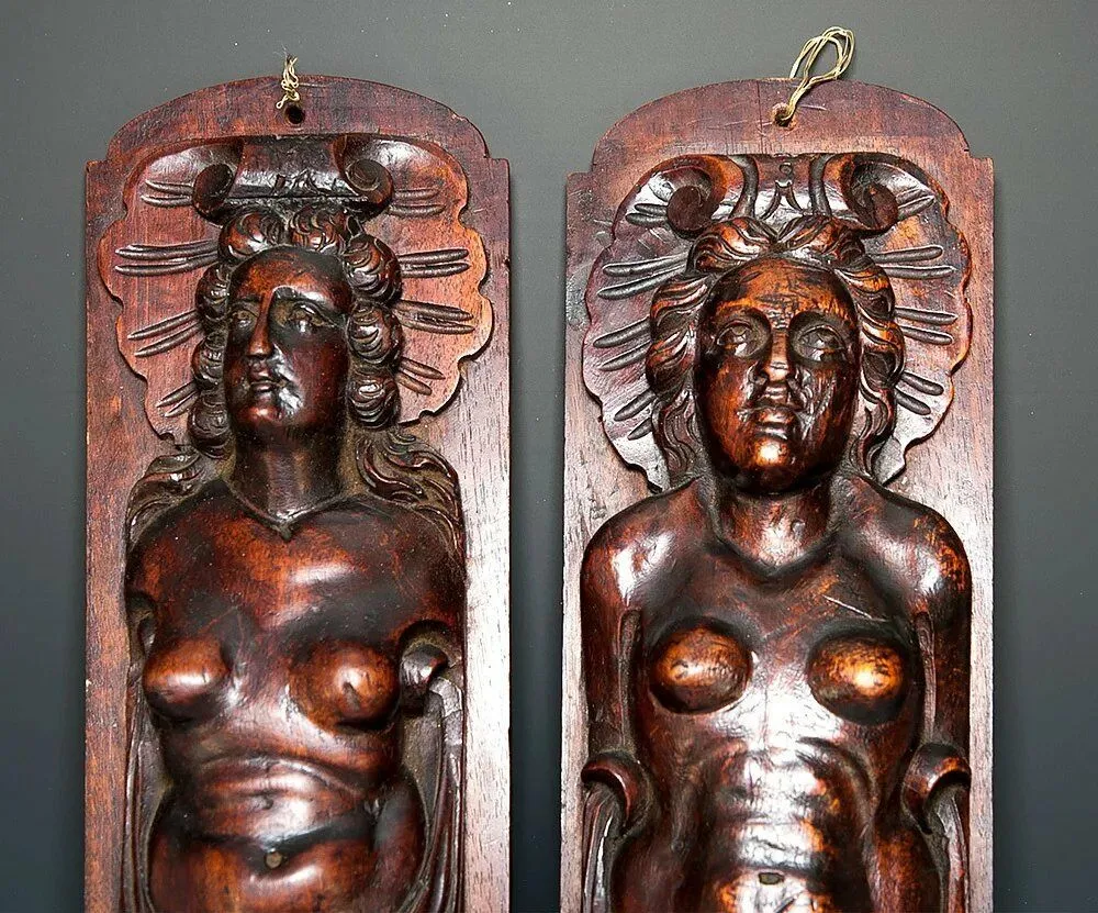 Antique French Carved Wood Caryatid Figures, 23.5" tall, Cabinet Fragment Accent