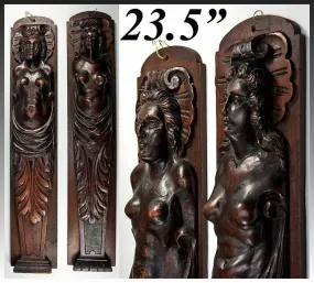Antique French Carved Wood Caryatid Figures, 23.5" tall, Cabinet Fragment Accent