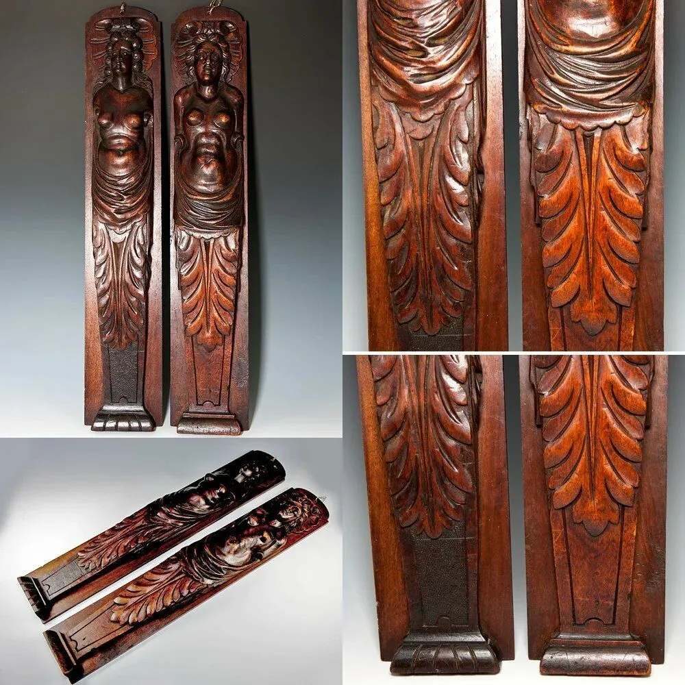 Antique French Carved Wood Caryatid Figures, 23.5" tall, Cabinet Fragment Accent