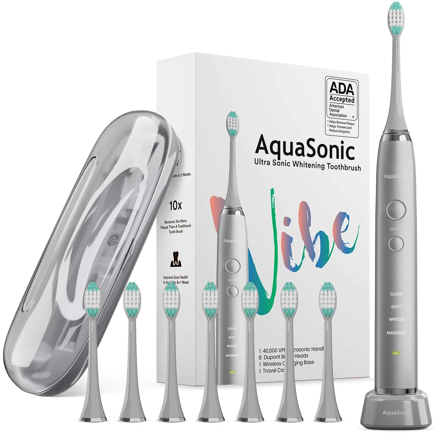 AquaSonic Vibe Series Ultra Whitening Toothbrush – ADA Accepted Electric Toothbrush - 8 Brush Heads & Travel Case - Ultra Sonic Motor & Wireless Charging - 4 Modes w Smart Timer – Charcoal Metallic