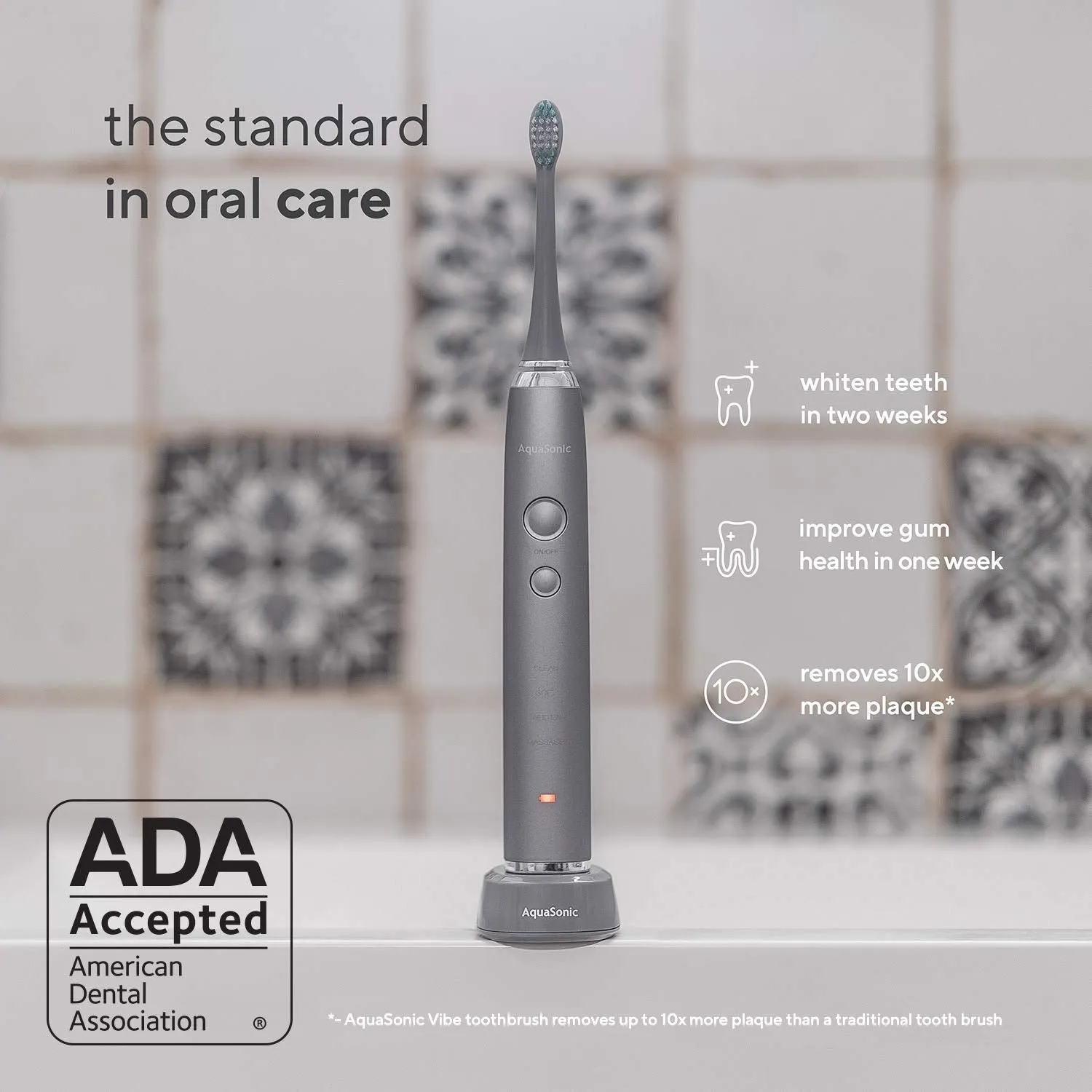 AquaSonic Vibe Series Ultra Whitening Toothbrush – ADA Accepted Electric Toothbrush - 8 Brush Heads & Travel Case - Ultra Sonic Motor & Wireless Charging - 4 Modes w Smart Timer – Charcoal Metallic