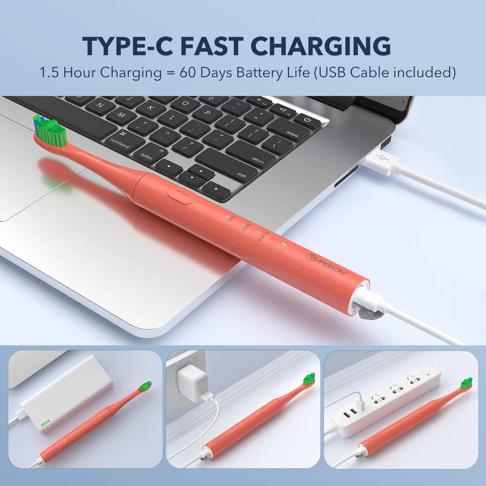 ARISSON Sonic Electric Toothbrush for Adults and Kids, 40,000 VPM Power Toothbrush, 1.5H Fast Charge Ultrasonic Electric Toothbrushes with 2 Minutes Smart Timer, 1.6 Oz Travel Toothbrush, Peach Orange