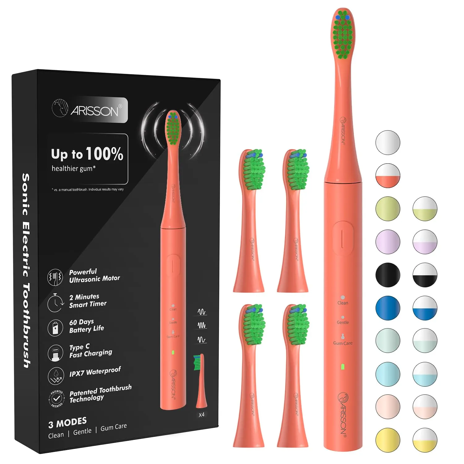 ARISSON Sonic Electric Toothbrush for Adults and Kids, 40,000 VPM Power Toothbrush, 1.5H Fast Charge Ultrasonic Electric Toothbrushes with 2 Minutes Smart Timer, 1.6 Oz Travel Toothbrush, Peach Orange
