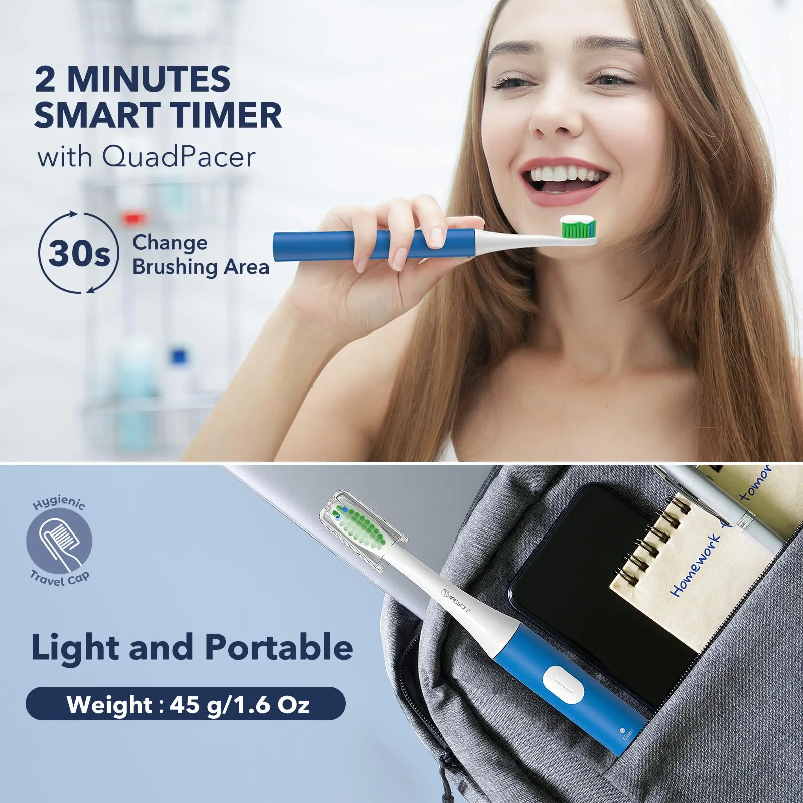 ARISSON Sonic Electric Toothbrush for Adults and Kids, 40,000 VPM Power Toothbrush, 1.5H Fast Charge Ultrasonic Electric Toothbrushes with 2 Minutes Smart Timer, White on Azure Blue