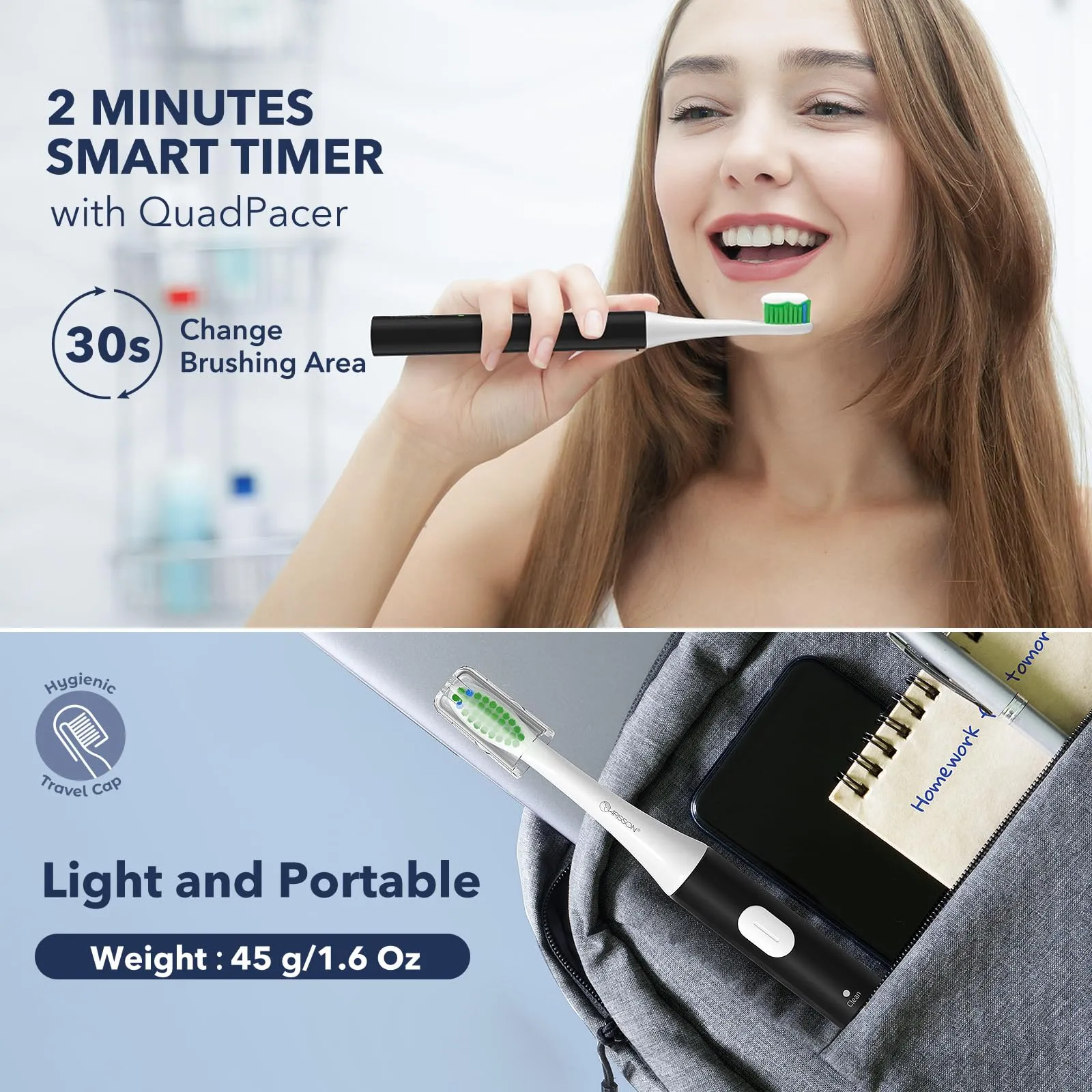 ARISSON Sonic Electric Toothbrush for Adults and Kids, 40,000 VPM Power Toothbrush, 1.5H Fast Charge Ultrasonic Electric Toothbrushes with 2 Minutes Smart Timer, White on Midnight Black